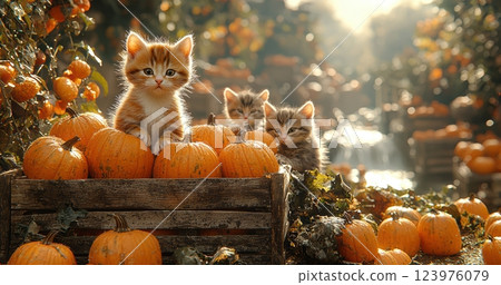 Charming and Adorable Kittens Playfully Roaming Amidst the Beautiful Pumpkin Harvest in Autumn 123976079