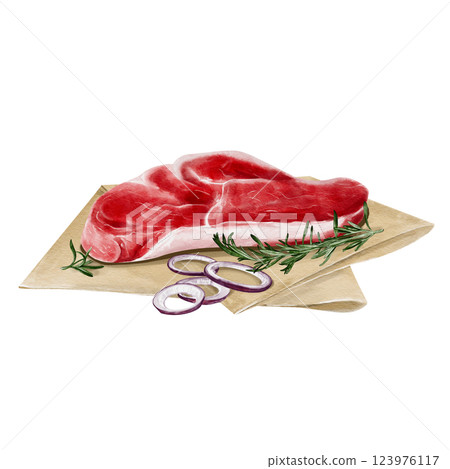 A piece of meat lies on paper with onion and herbs. Raw steak with parsley and spices. Fresh beef or lamb or pork. The garlic is cut in half. Watercolor illustration isolated from background.  123976117