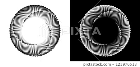 Spiral with lines in circle as dynamic abstract vector background or logo or icon. Black spiral on white background and white spiral on black background. 123976518