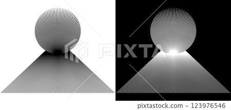 Abstract lines background. Circle like sun over lines with perspective to horizon. Black shape on a white background and white lines on the black side. Abstract lines background. Circle like sun over lines with perspective to horizon. Black shape on a white background and white lines on the black side. 123976546