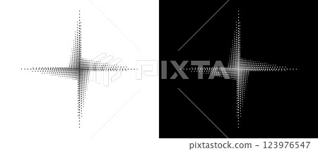 Modern abstract background. Halftone vector dots in the shape of a spiral or star. Design element or icon, logo. Black figure on a white background and the same white figure on a black side. 123976547