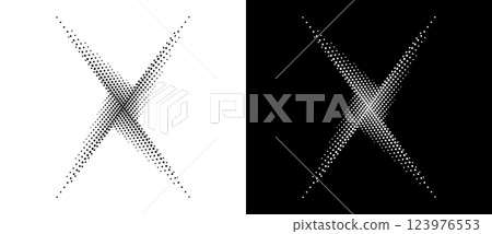 Modern abstract background. Halftone vector dots in the shape of a spiral or star. Design element or icon, logo. Black figure on a white background and the same white figure on a black side. Modern abstract background. Halftone vector dots in the shape of a spiral or star. Design element or icon, logo. Black figure on a white background and the same white figure on a black side. 123976553