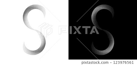 Spiral as halftone dotted abstract infinity symbol. Black shape S letter on a white background and the same white shape on the black side. 123976561