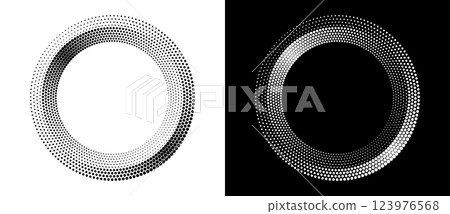 Modern abstract background. Halftone dots in circle form. Spiral logo, icon or design element. Black dots on a white background and white dots on the black side. 123976568
