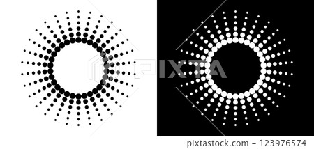 Art sun background. Icon template or logo with halftone dotted lines. Black shape on a white background and the same white shape on the black side. Art sun background. Icon template or logo with halftone dotted lines. Black shape on a white background and the same white shape on the black side. 123976574