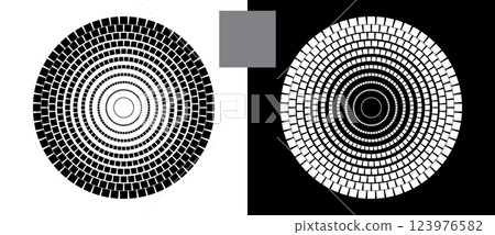 Abstract background with squares in circle. Art design element as logo or icon. A black figure on a white background and an equally white figure on the black side. 123976582