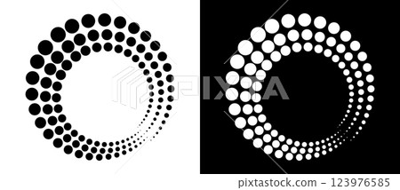 Modern abstract background. Halftone dots in circle form. Spiral logo, icon or design element. Black dots on a white background and white dots on the black side. 123976585