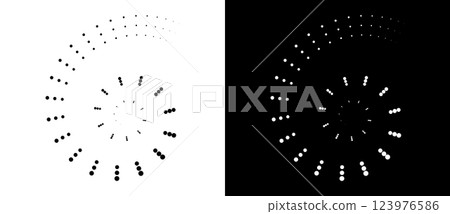 Modern abstract background. Halftone dots in circle form. Spiral logo, icon or design element. Black dots on a white background and white dots on the black side. Modern abstract background. Halftone dots in circle form. Spiral logo, icon or design element. Black dots on a white background and white dots on the black side. 123976586