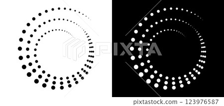 Modern abstract background. Halftone dots in circle form. Spiral logo, icon or design element. Black dots on a white background and white dots on the black side. Modern abstract background. Halftone dots in circle form. Spiral logo, icon or design element. Black dots on a white background and white dots on the black side. 123976587