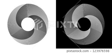Set of circles with lines. Lines in one color with different thickness. Black spiral on white background and white spiral on black background. Dynamic design element, logo or icon. 123976598
