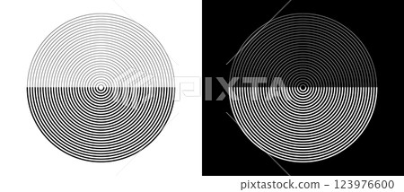Circle from lines like moon. Monochrome abstract background or icon or logo. Black shape on a white background and the same white shape on the black side. 123976600