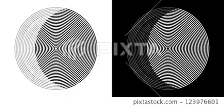 Circle from lines like moon. Monochrome abstract background or icon or logo. Black shape on a white background and the same white shape on the black side. 123976601