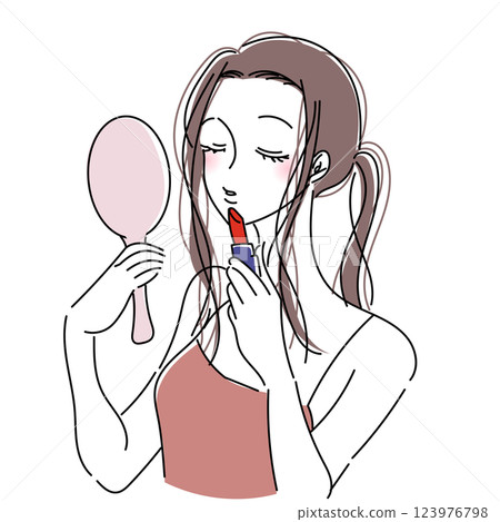 女人一邊塗口紅一邊看著手鏡 123976798