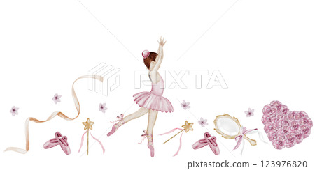 Ballet watercolor seamless border. Hand drawn cute ballerina in pink tutu and pointy shoes. Dancer,mirror, flowers and ribbon. Vintage drawing on white background. Perfect for poster and card for 123976820