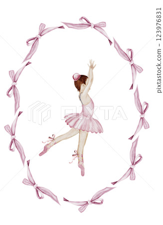 Ballerina cute girl watercolor. Hand drawn cute baby in pink tutu and pointy shoes. Dancer in pink bow frame. Vintage drawing on white background. Perfect for poster and card for ballet school or baby 123976831
