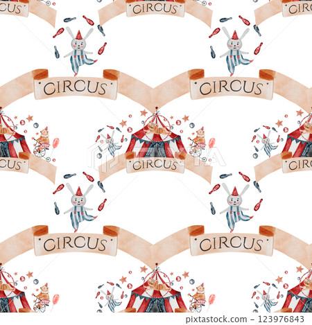 Circus watercolor pattern. Hand drawn cute animal on isolated white background. Clipart of a bear on a bicycle, a bunny with gymnastics clubs, a tiger and a magician's hat Perfect for textiles and Circus watercolor pattern. Hand drawn cute animal on isolated white background. Clipart of a bear on a bicycle, a bunny with gymnastics clubs, a tiger and a magician's hat Perfect for textiles and 123976843