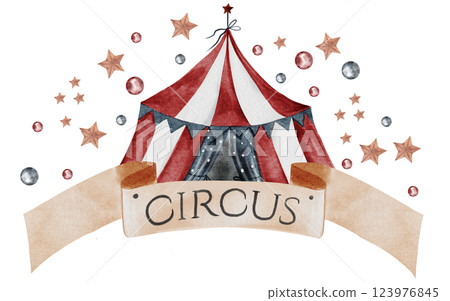 Circus watercolor banner. Vintage style circus tent hand drawn on white background. Perfect for birthdays and baby showers 123976845