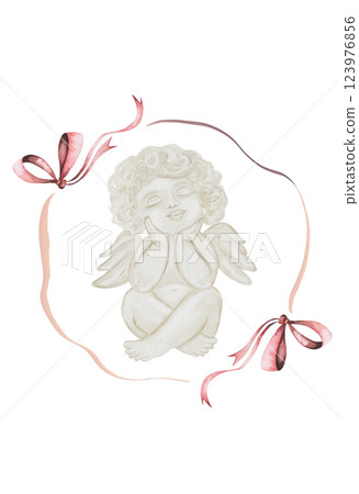 Watercolor cherub angel cupid in a frame of bows. Hand drawn little boy in pastel colors on a white background. Clip art religious. Perfect for Valentine's Day and Christening cards and posters 123976856