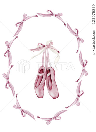 Pointe shoes watercolor. Hand drawn pink ballerina accessories in a frame of bows on isolated white background. Clip art of elegant satin ballet shoes with space for name inscription. Ideal card for 123976859