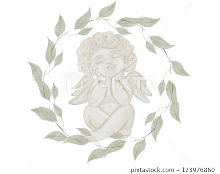 Watercolor Cupid in green leaf frame. Baptism angel. Hand drawn little Cherub in pastel colors on a white background. Clip art religious. Perfect for Valentine's Day and Christening cards and posters 123976860