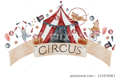 Circus watercolor banner. Hand drawn cute animal on isolated white background. Clip art of bear on bicycle, bunny and tiger cub. Perfect for cards for baby shower and birthdays 123976861