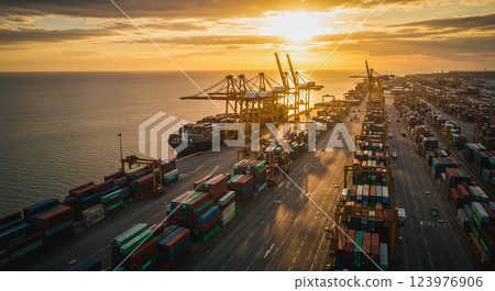 用於進出口作業和物流應用的貨船的鳥瞰圖。使用起重機將貨物運送到港口入口。 用於進出口作業和物流應用的貨船的鳥瞰圖。使用起重機將貨物運送到港口入口。 123976906