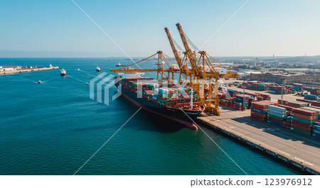 用於進出口作業和物流應用的貨船的鳥瞰圖。使用起重機將貨物運送到港口入口。 用於進出口作業和物流應用的貨船的鳥瞰圖。使用起重機將貨物運送到港口入口。 123976912