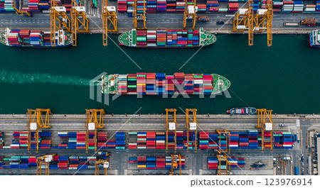 用於進出口作業和物流應用的貨船的鳥瞰圖。使用起重機將貨物運送到港口入口。 用於進出口作業和物流應用的貨船的鳥瞰圖。使用起重機將貨物運送到港口入口。 123976914