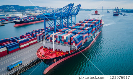 用於進出口作業和物流應用的貨船的鳥瞰圖。使用起重機將貨物運送到港口入口。 用於進出口作業和物流應用的貨船的鳥瞰圖。使用起重機將貨物運送到港口入口。 123976917