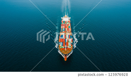 Aerial overhead view for cargo ship entry and exit operations and logistics. Port entrance for cargo transportation using hoists. Aerial overhead view for cargo ship entry and exit operations and logistics. Port entrance for cargo transportation using hoists. 123976928