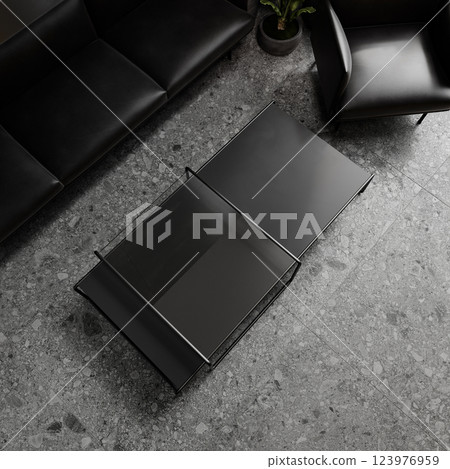 Black coffee table in contemporary interior with sofa, gray terrazzo tile, armchair. Top view. 3d render illustration mockup. 123976959