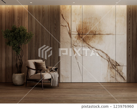 Contemporary interior with armchair, potted plant, wall wood panels and parquet floor. 3d render illustration mockup. 123976960