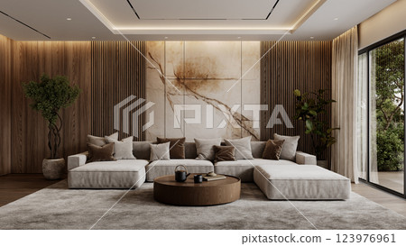 Contemporary interior with sofa, brown wood wall panels, plants, floor lamp, carpet, round coffee table. 3d render illustration mockup. Contemporary interior with sofa, brown wood wall panels, plants, floor lamp, carpet, round coffee table. 3d render illustration mockup. 123976961