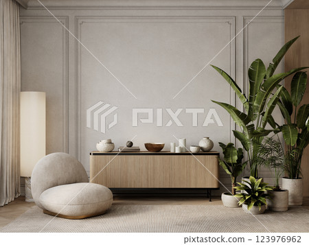 Classic beige interior with dresser, armchair, plants, floor lamp and carpet. 3d render illustration mockup. Classic beige interior with dresser, armchair, plants, floor lamp and carpet. 3d render illustration mockup. 123976962