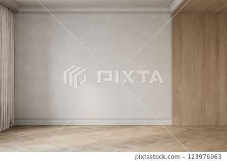 Classic empty beige interior with wood panel, blank wall, parquet chevron floor. 3d render illustration mockup. Classic empty beige interior with wood panel, blank wall, parquet chevron floor. 3d render illustration mockup. 123976963