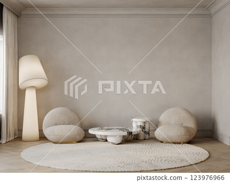 Classic beige interior with armchairs, coffee tables, round rug, floor lamp and decor. 3d render illustration mockup. Classic beige interior with armchairs, coffee tables, round rug, floor lamp and decor. 3d render illustration mockup. 123976966