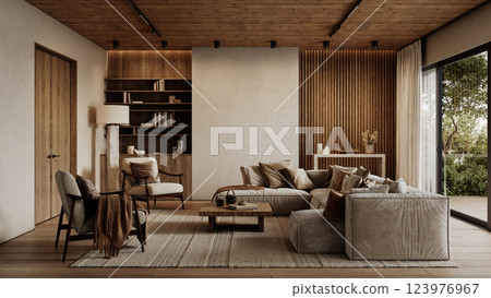 Contemporary loft interior with sofa, armchairs, pillows, coffee table, wood panels, bookshelves and decor. 3d render illustration mockup. Contemporary loft interior with sofa, armchairs, pillows, coffee table, wood panels, bookshelves and decor. 3d render illustration mockup. 123976967