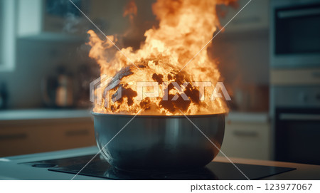 Burning Earth inside metallic cauldron symbolizes global warming and climate crisis 123977067