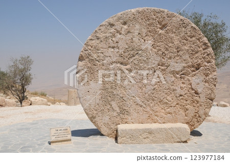 Moses Memorial (former monastery door), Mount Nebo, Jordan, where Moses was buried and overlooked the Promised Land 123977184