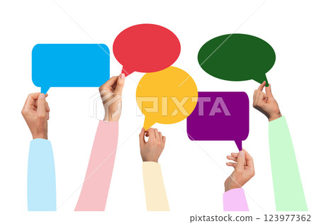 Customer feedback and survey on service satisfaction. holding message bubble, sharing positive Customer feedback and survey on service satisfaction. holding message bubble, sharing positive 123977362