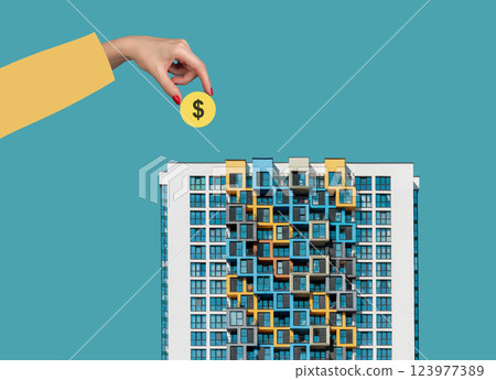 Property investment concept in real estate. Hand holding cash for buying home or apartment with Property investment concept in real estate. Hand holding cash for buying home or apartment with 123977389