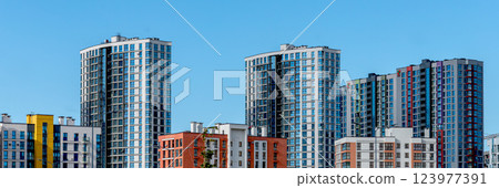Panoramic cityscape with modern skyscrapers and business offices. Beautiful urban view of downtown 123977391