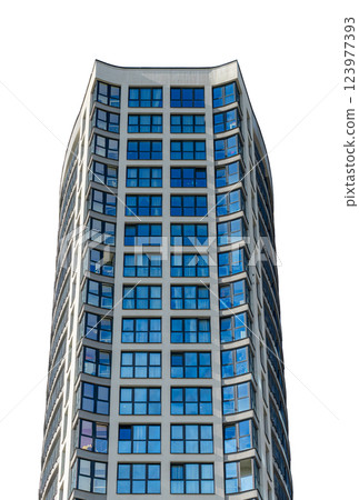 Modern skyscraper with a glass window facade. Abstract blue architecture, high-rise building in an 123977393
