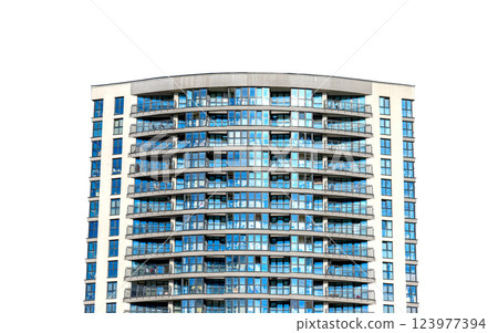 Modern glass building with a tall skyscraper exterior and abstract blue facade. Urban architecture 123977394