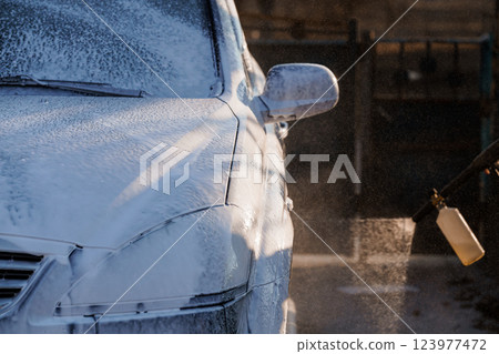 Close-Up of Car Being Washed with Thick Soap Foam Under High-Pressure Water Spray 123977472