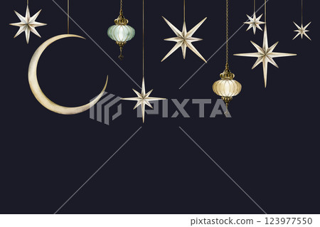 Islamic Hanging lanterns, crescent moon and stars template. Watercolor hand drawn illustration isolated on dark blue background for Muslim holiday, Ramadan Kareem card design, Mubarak Eid Al Fitr Adha 123977550