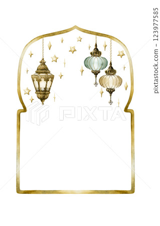Islamic golden frame with hanging lanterns and stars on white background. Muslim Mosque gate shape template. Watercolor hand drawn isolated illustration Ramadan Kareem card design, Eid Al Fitr Adha 123977585