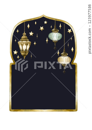 Islamic golden frame with hanging lantern and stars on dark blue and white background. Muslim Mosque gate shape template. Watercolor hand drawn isolated illustration Ramadan Kareem card design Islamic golden frame with hanging lantern and stars on dark blue and white background. Muslim Mosque gate shape template. Watercolor hand drawn isolated illustration Ramadan Kareem card design 123977586