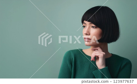 一位年輕女子側身站在綠色背景下的畫像 123977637