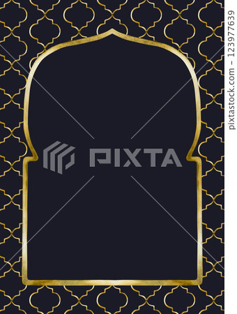 Islamic golden frame with golden ornament pattern on dark background. Window door arch, Mosque gate shape. Watercolor hand drawn isolated illustration Ramadan Kareem design, Mubarak Eid Al Fitr, Adha 123977639